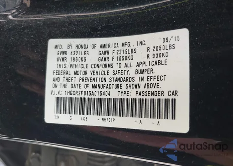 2016 Honda Accord Ex z USA, uszkodzony, nr VIN 1HGCR2F04GA015404